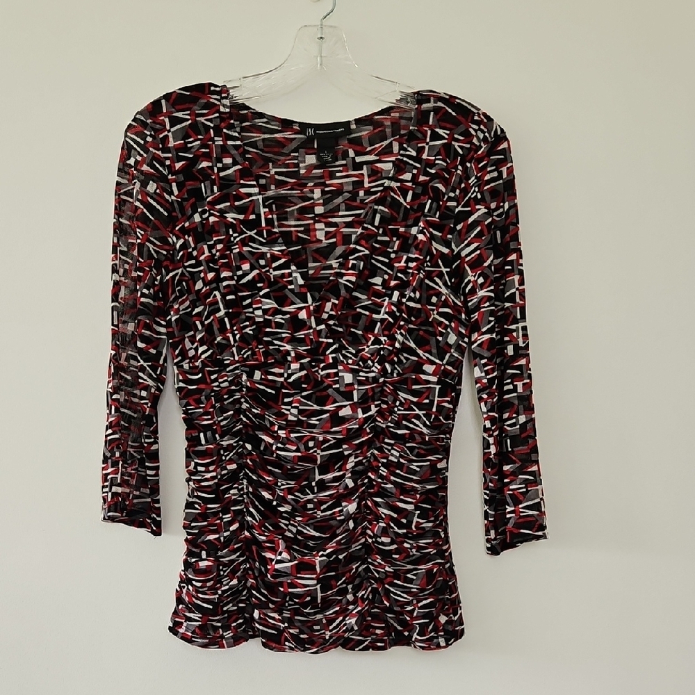 Y2K Geometric Print Mesh‎ Top Ruched Bodice Babydoll Size Large